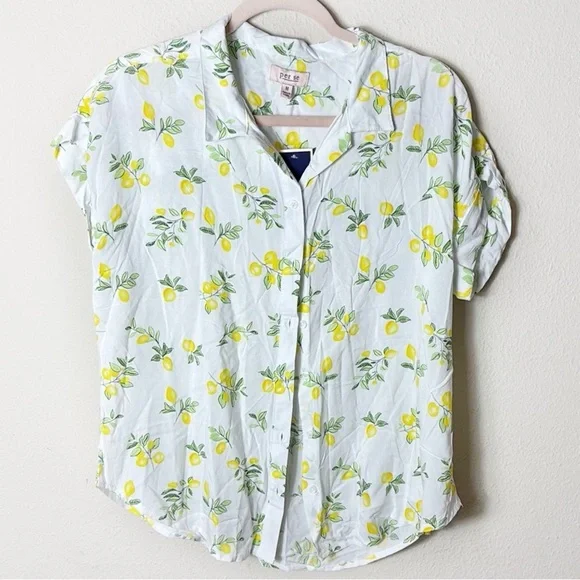 NWT Per Se Lemon Button Down Short Sleeve Top White Yellow Lemon size Medium - Picture 1 of 7